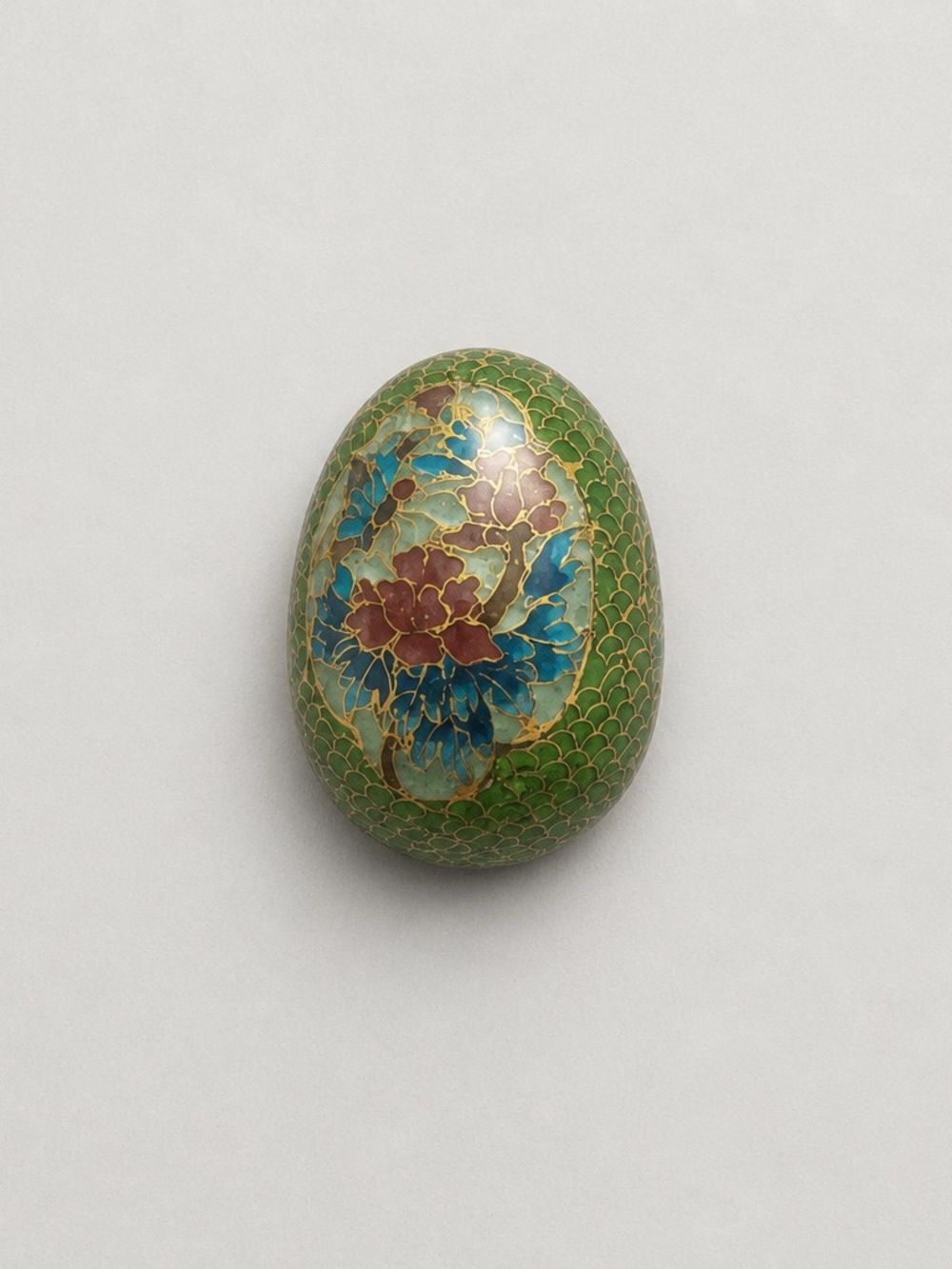 Vintage Chinese Cloisonné Egg With Floral Motif On A Carved Wooden Stand